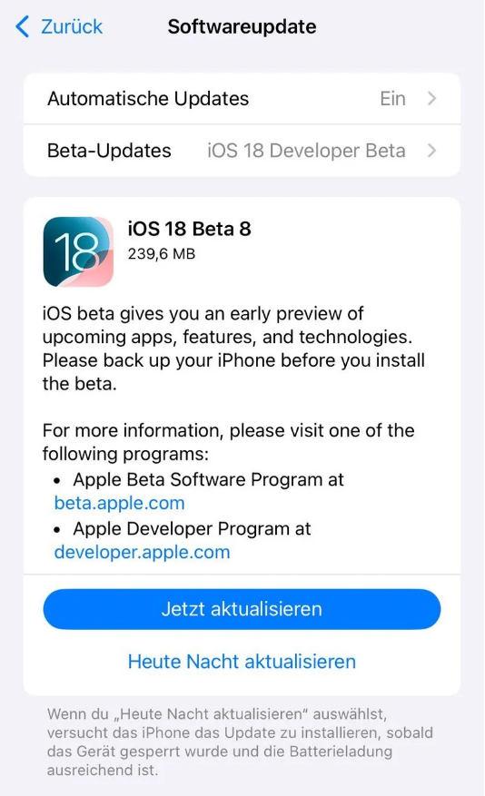 祁县苹果手机维修分享苹果 iOS / iPadOS 18 开发者预览版 Beta 8 发布 